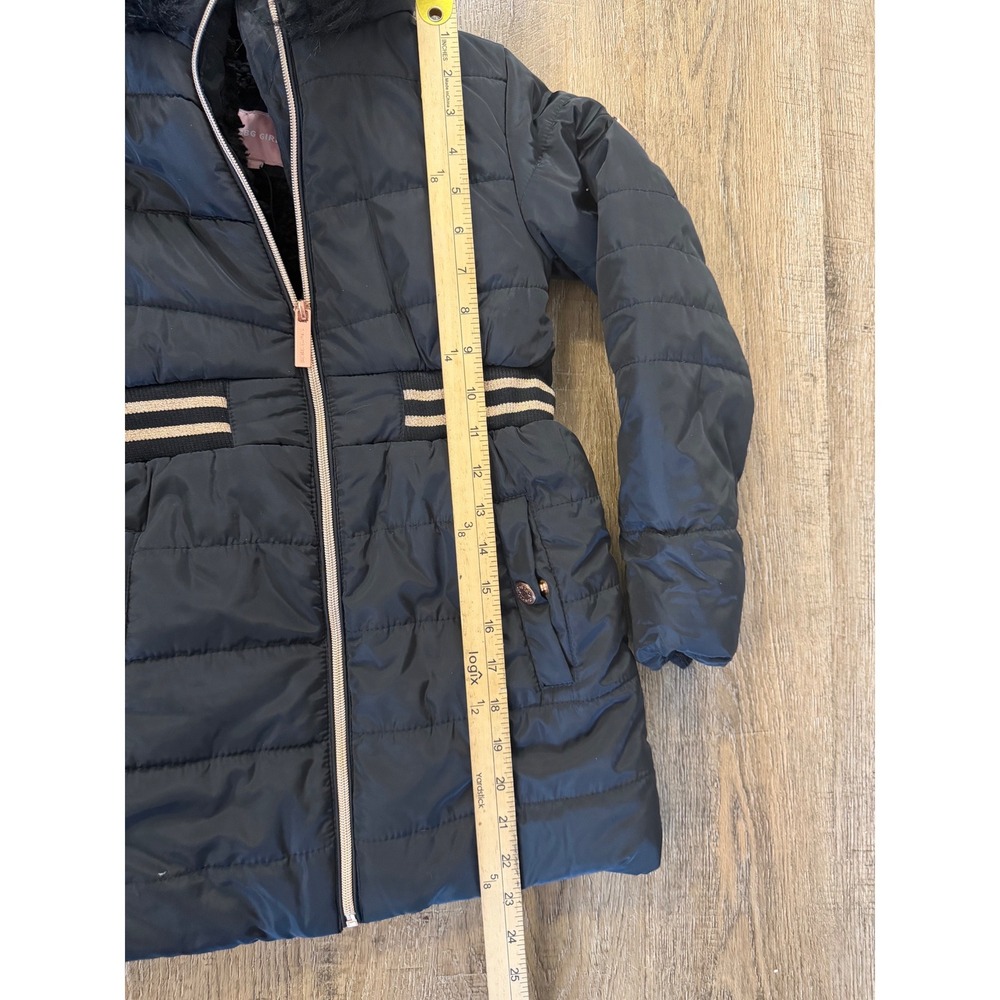 BCBG Girls Black Quilted Puffer Jacket Faux Fur Hood Rose Gold Size S Coat - Picture 4 of 9